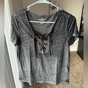 American Eagle Outfitters Charcoal Lace-Up Criss Cross Tee